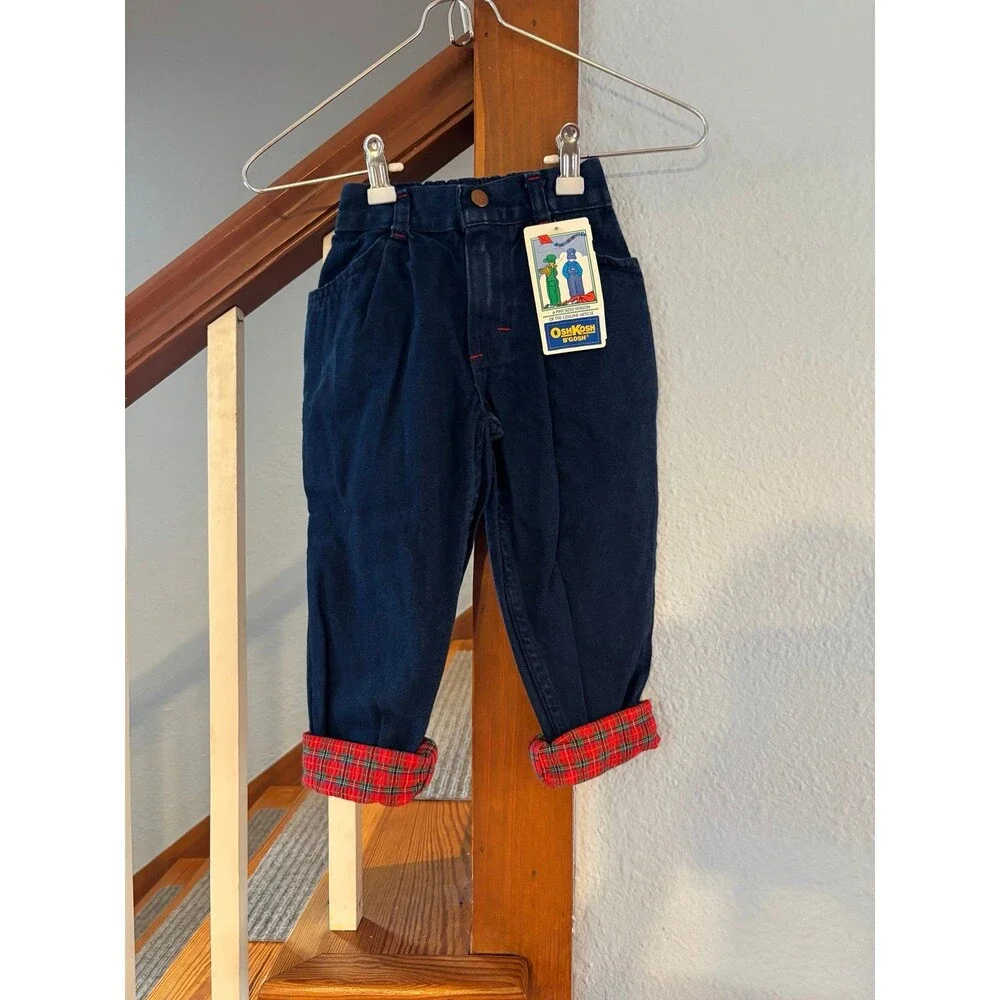 Oshkosh b’gosh nwt vtg union made USA denim blue jeans pants plaid carpenter 3t